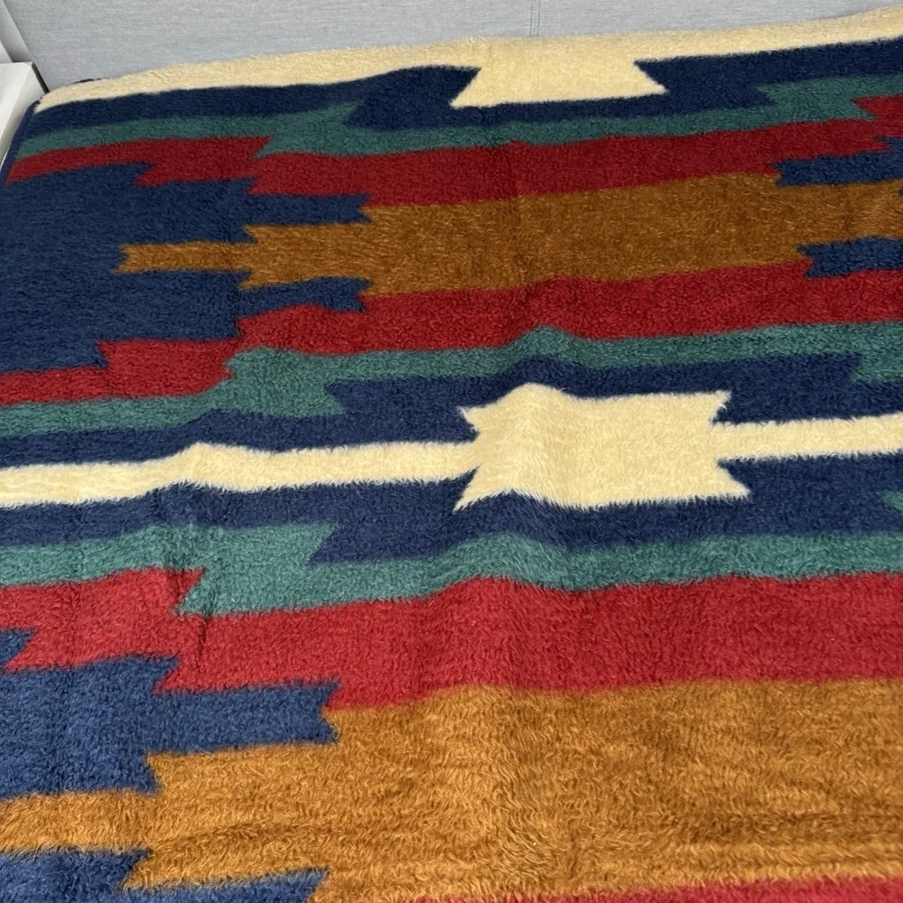 Vtg Biederlack Throw Blanket Southwest Aztec Camp Bonfire Reversible 74